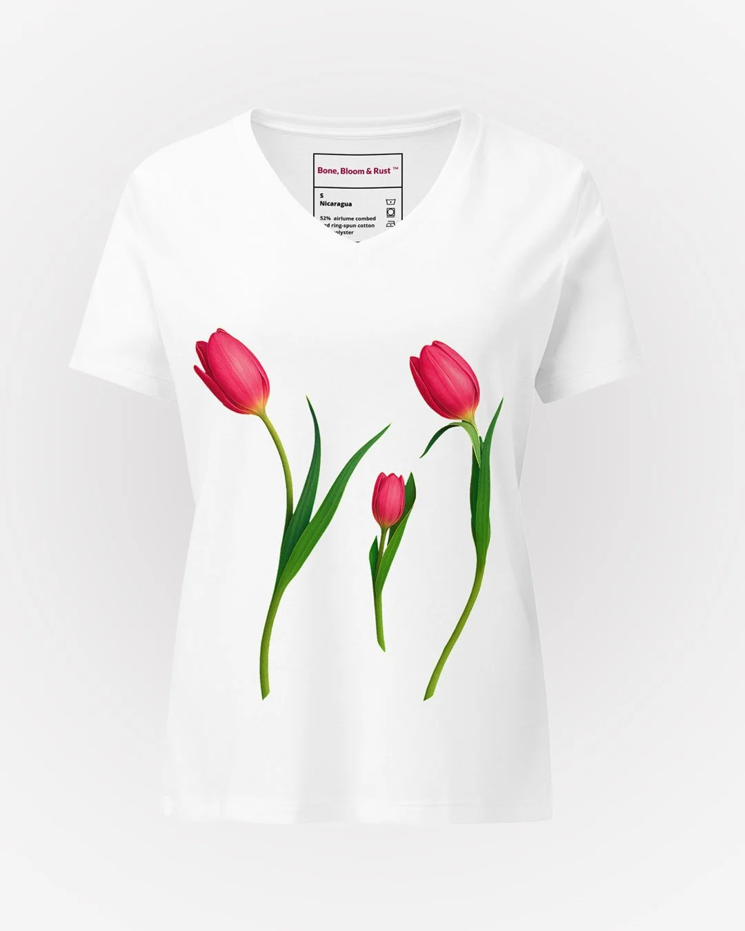 Bloom Bop women’s relaxed V-neck t-shirt featuring a family of pink tulips in still life motion, personified floral artwork on white fabric.