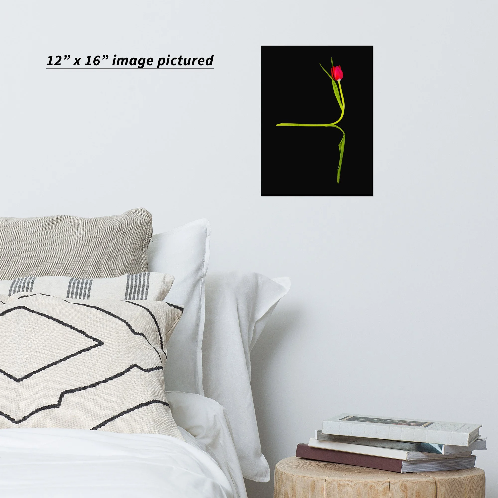 Tulip art print displayed above a bedroom bed showing Arabesque floral still-life photography wall decor.