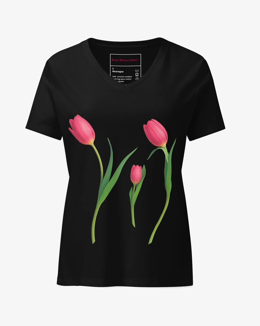 Bloom Bop women’s relaxed V-neck t-shirt featuring a family of pink tulips in still life motion, personified floral artwork on black fabric