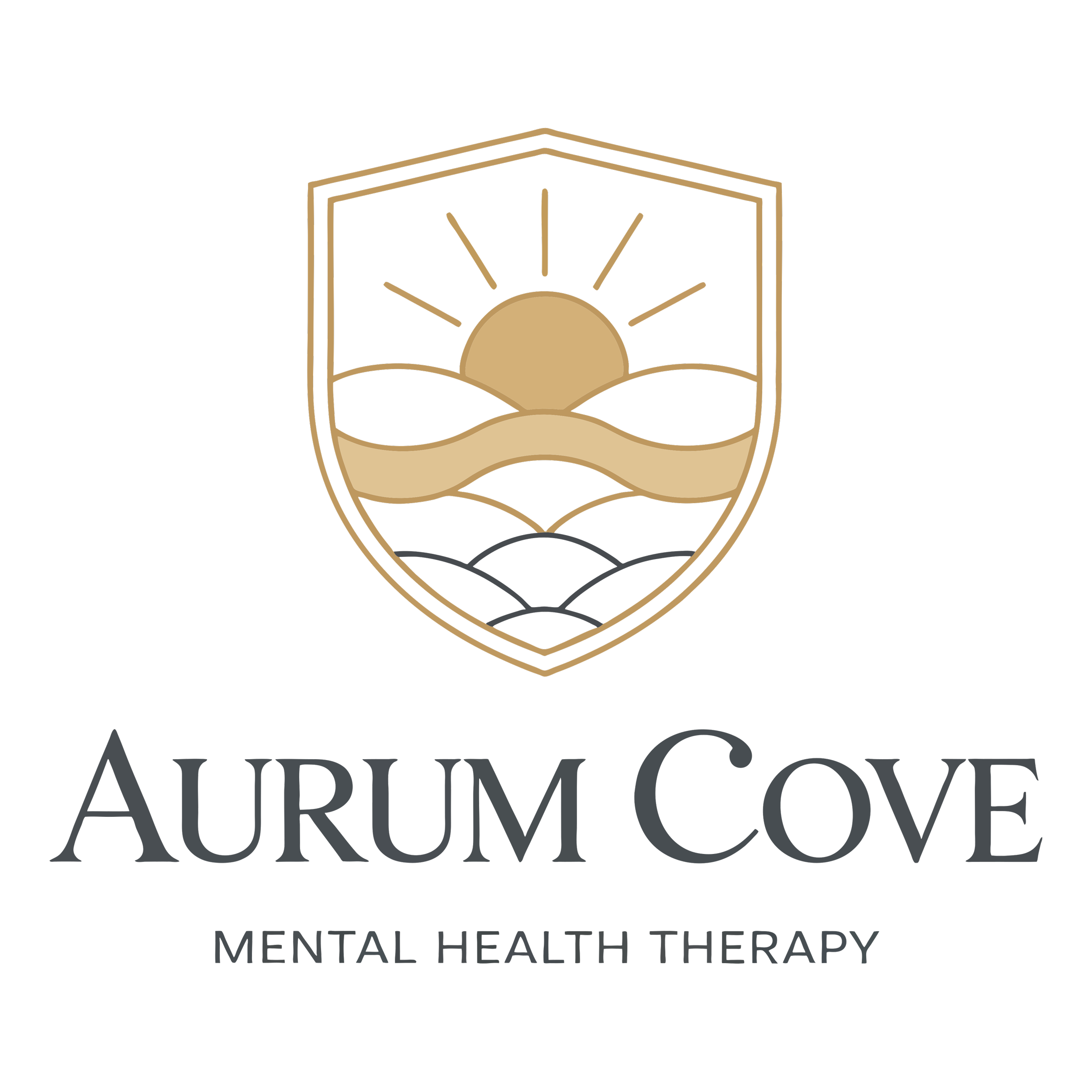 Logo for Aurum Cove Mental Health Therapy featuring a shield with a sun, waves, and compass design in gold, with the text "Aurum Cove" above "Mental Health Therapy" on a black background.