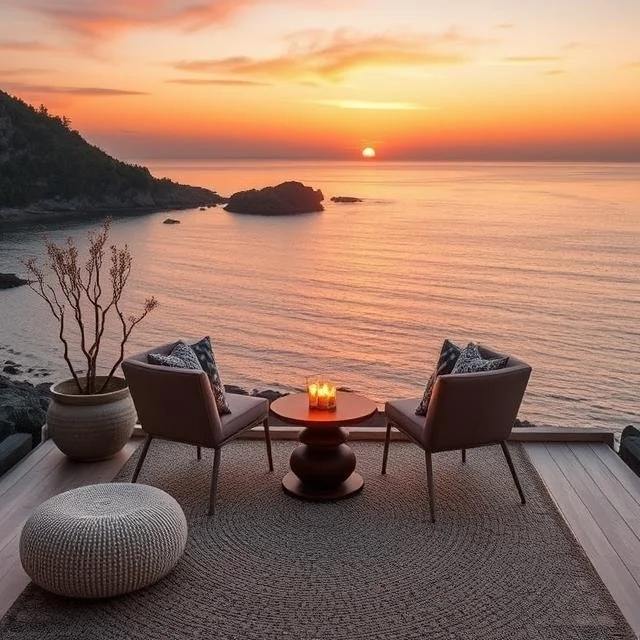 A cozy outdoor patio with two chairs and a small round table with a lit candle, overlooking a sunset over the ocean with rocks and a distant landmass.