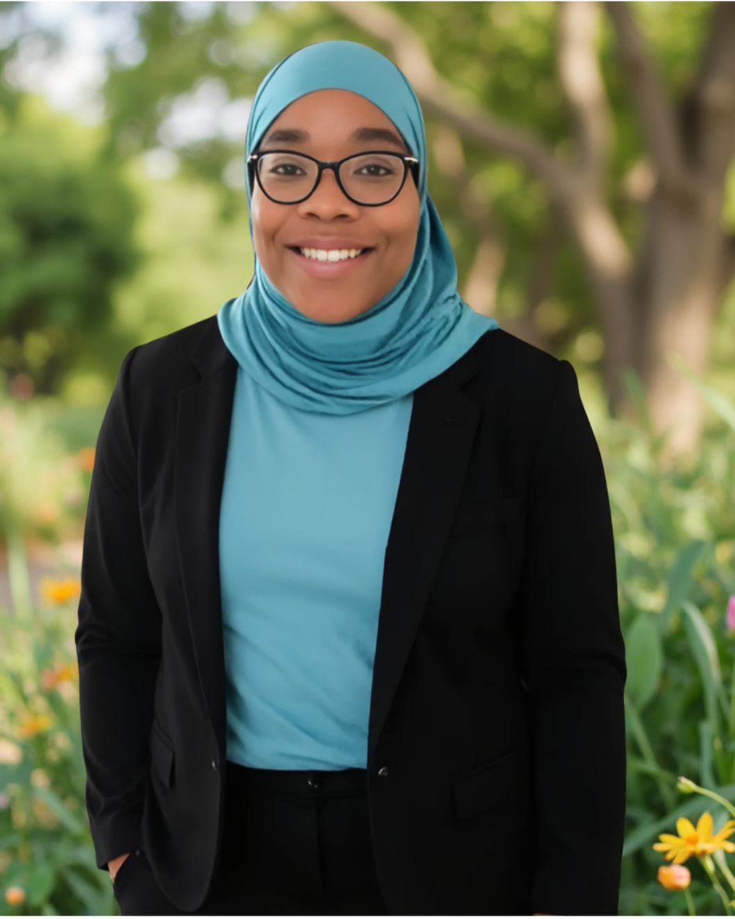 A woman wearing a blue hijab, glasses, and a black blazer stands outdoors with a blurred garden background, smiling.