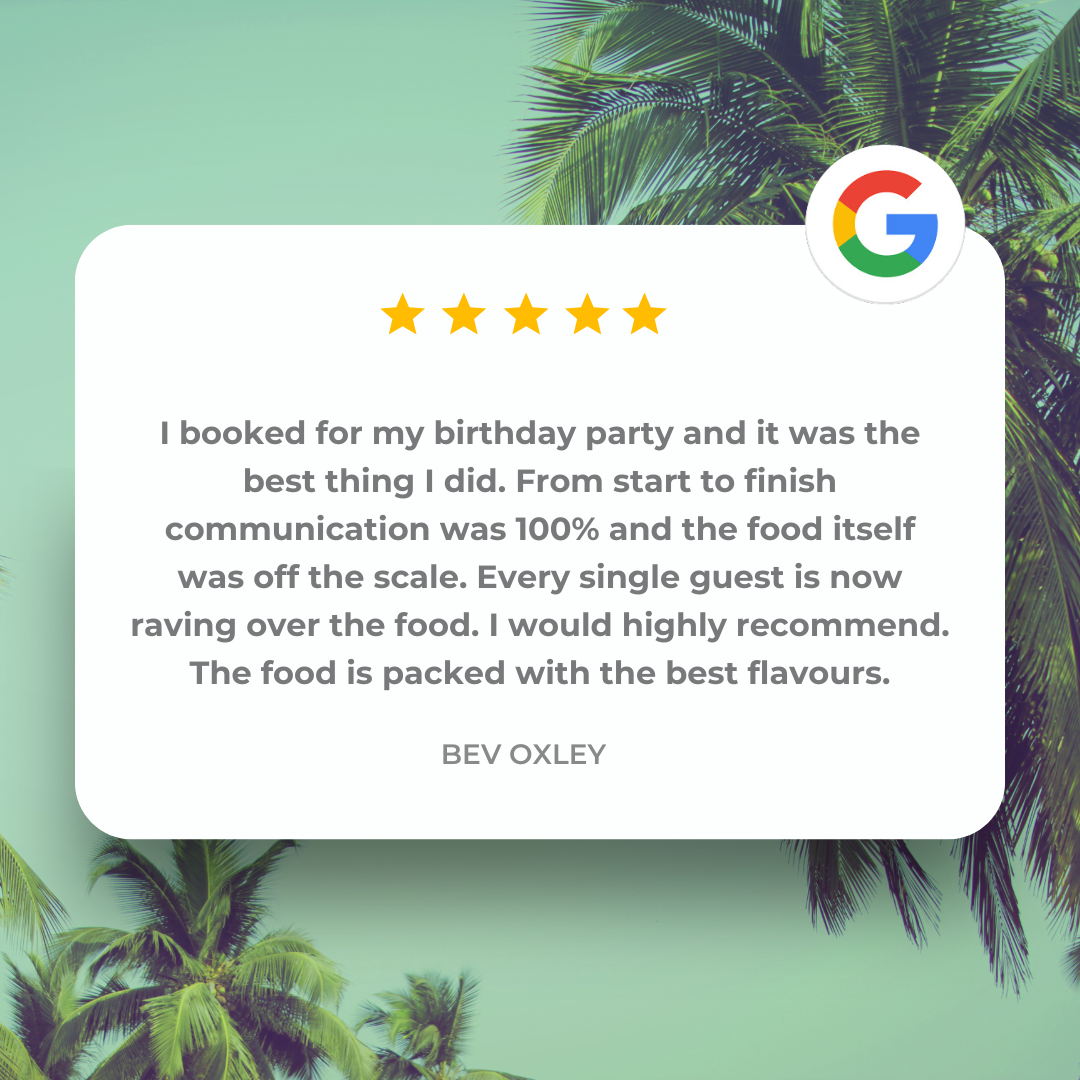 Customer review for a food service or event, with a 5-star rating, set against a background of palm leaves and a Google logo.