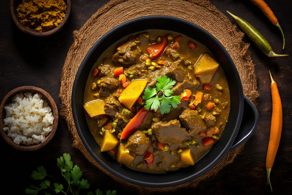 Beef curry with potatoes, carrots, peas, and red bell peppers garnished with cilantro, served in a black bowl with rice and spices on the side.