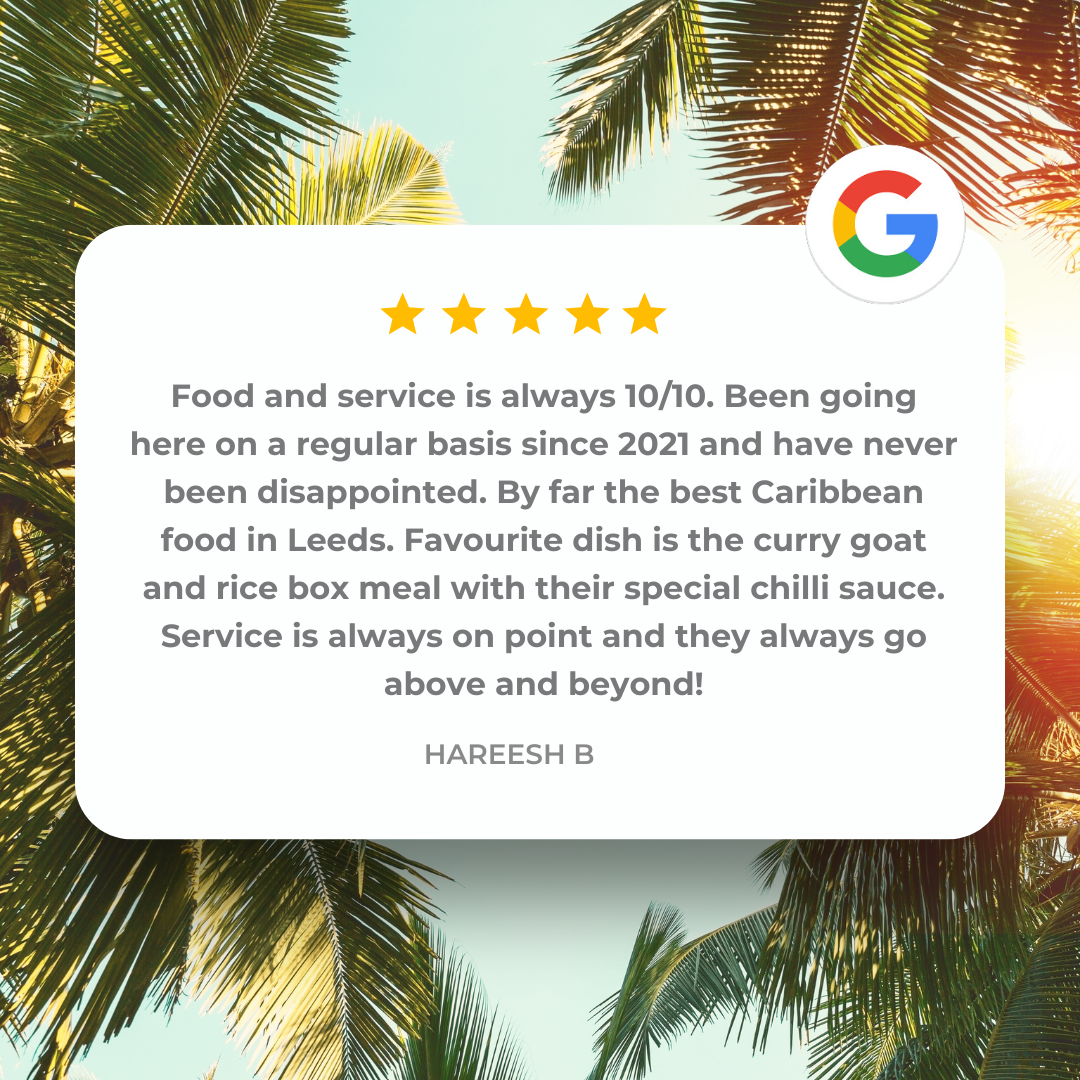Online review with five stars on a tropical background featuring palm trees, including a Google logo, praising Caribbean food and service quality.