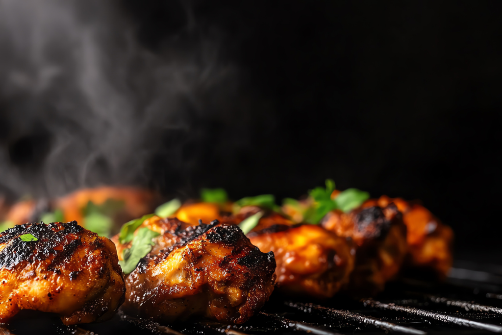Close-up of grilled chicken skewers with glaze and chopped green herbs on a barbecue grill.