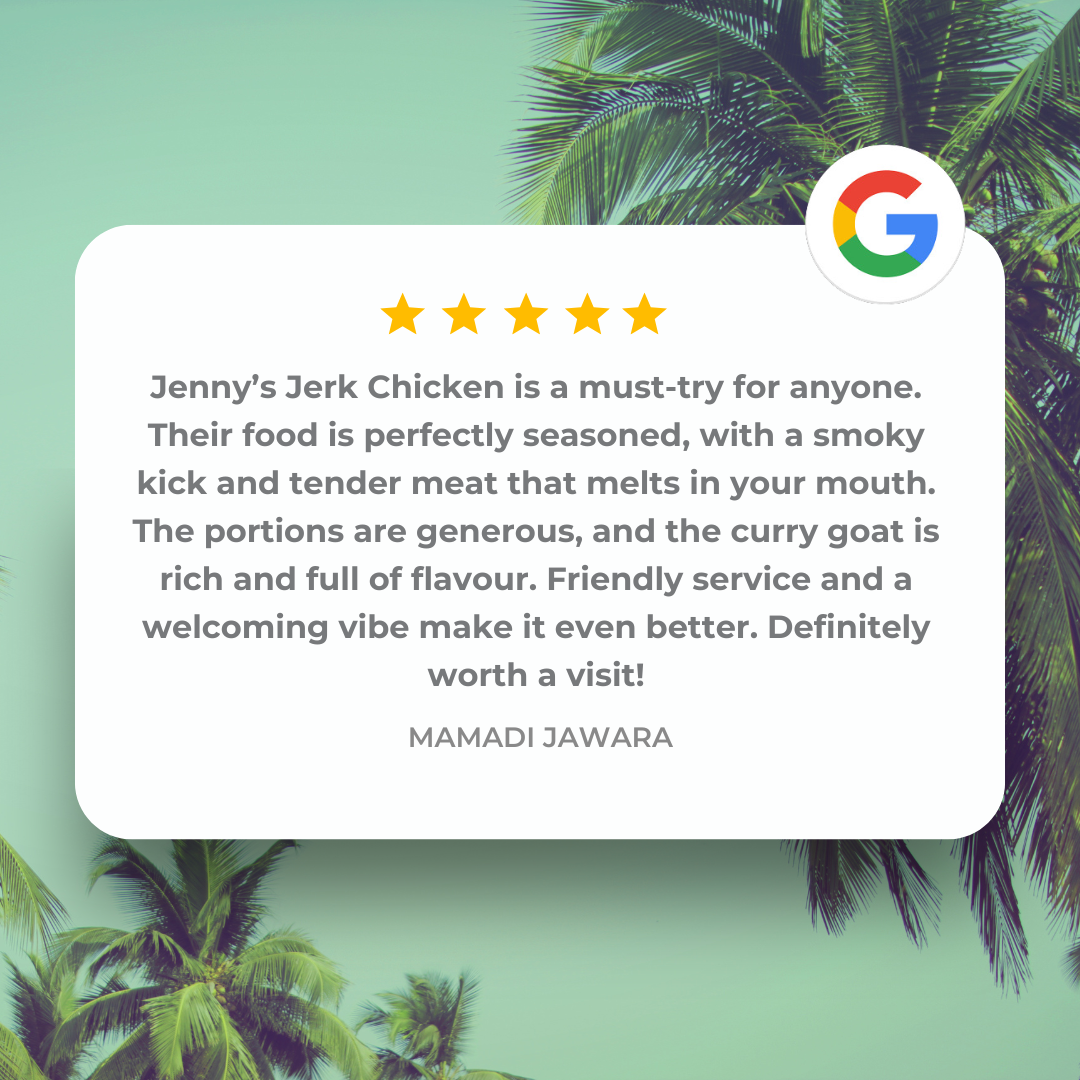Review of Jenny’s Jerk Chicken with a 5-star rating, recommending its seasoned, smoky, and tender chicken with flavorful curry goat, on a background of palm trees and a Google logo.