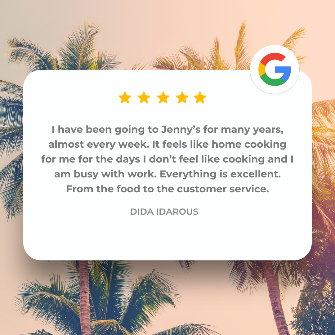 Customer review with five stars, praising Jenny's for food and customer service, written by Dida Idarous, against a background of palm trees and a sunset sky.