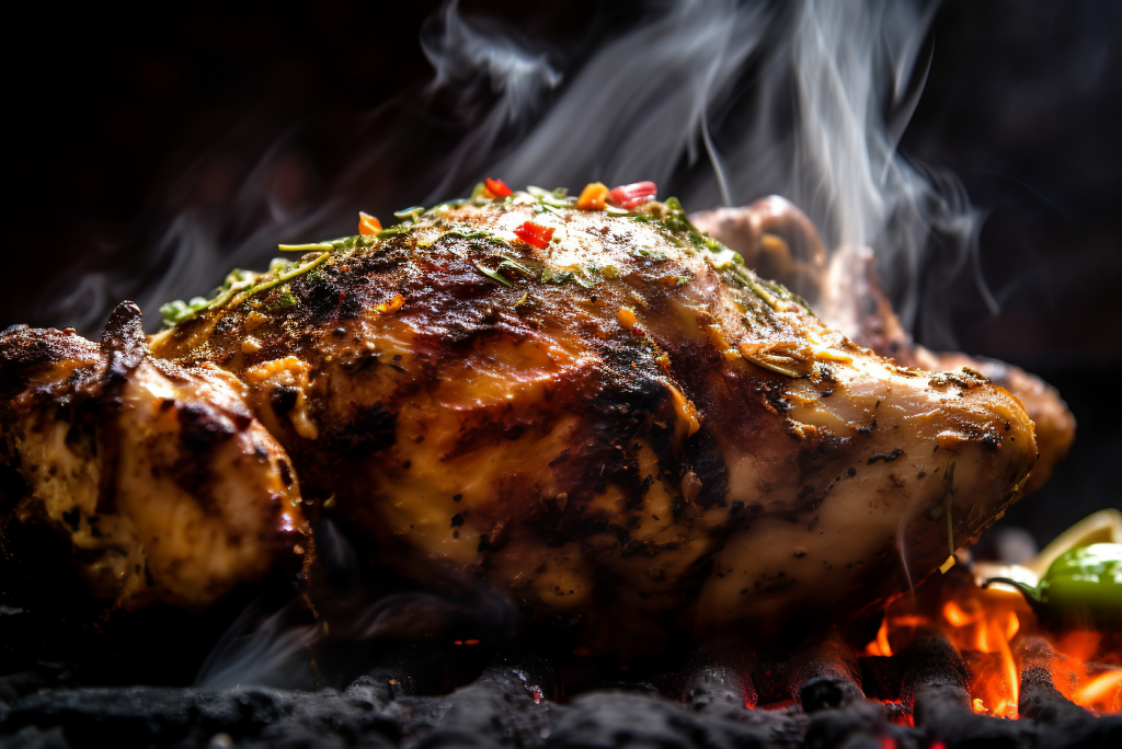 Close-up of a sizzling, grilled chicken leg quarter seasoned with herbs on a barbecue grill with glowing coals, smoke rising.