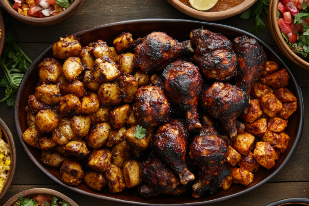 A large black oval dish with grilled chicken drumsticks, roasted potatoes, and small grilled chicken pieces, surrounded by bowls of salsa, lime wedges, and cilantro on a wooden table.