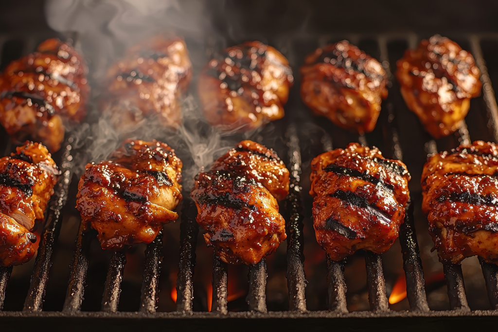 Meatballs with glaze grilling on a barbecue with smoke rising.
