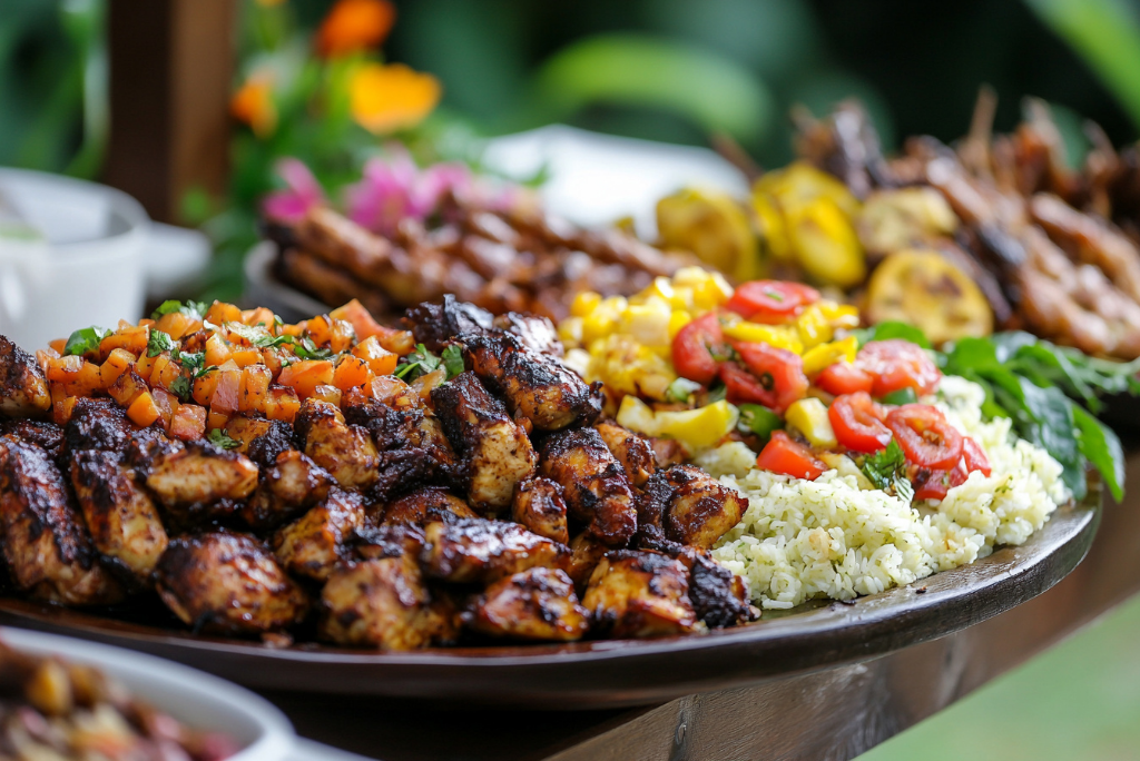 Assorted grilled meats and vegetables served with rice and vegetables on a platter.