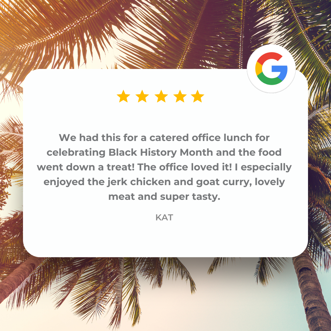 Review with five stars over a background of palm trees, including a Google logo, praising a catered office lunch for Black History Month, featuring jerk chicken, goat curry, and tasty meat.