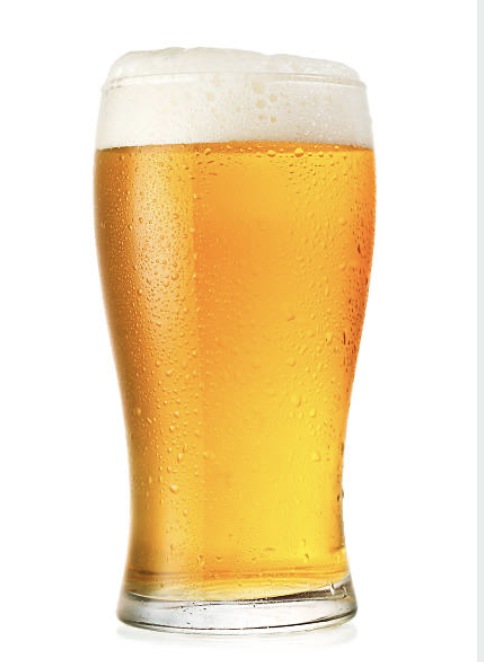 A glass of cold, golden beer with a frothy white head and condensation on the outside.