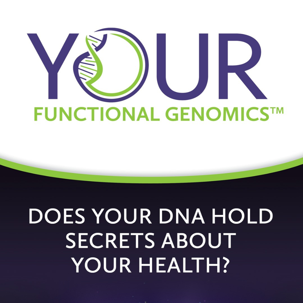 Logo with DNA strand and text 'Your Functional Genomics™' and the question 'Does your DNA hold secrets about your health?'
