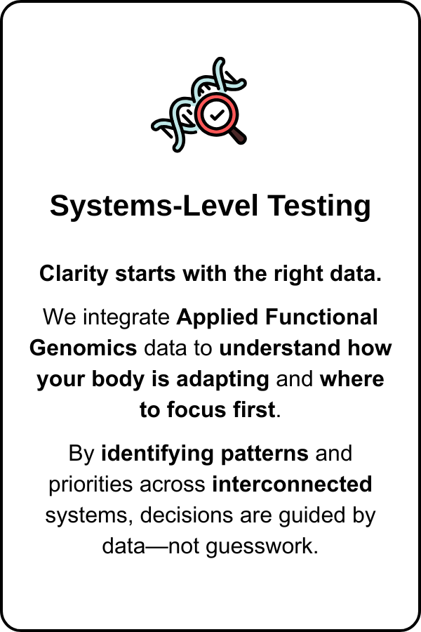 Information about system-level testing, emphasizing the importance of data and identifying patterns to understand how the body adapts.