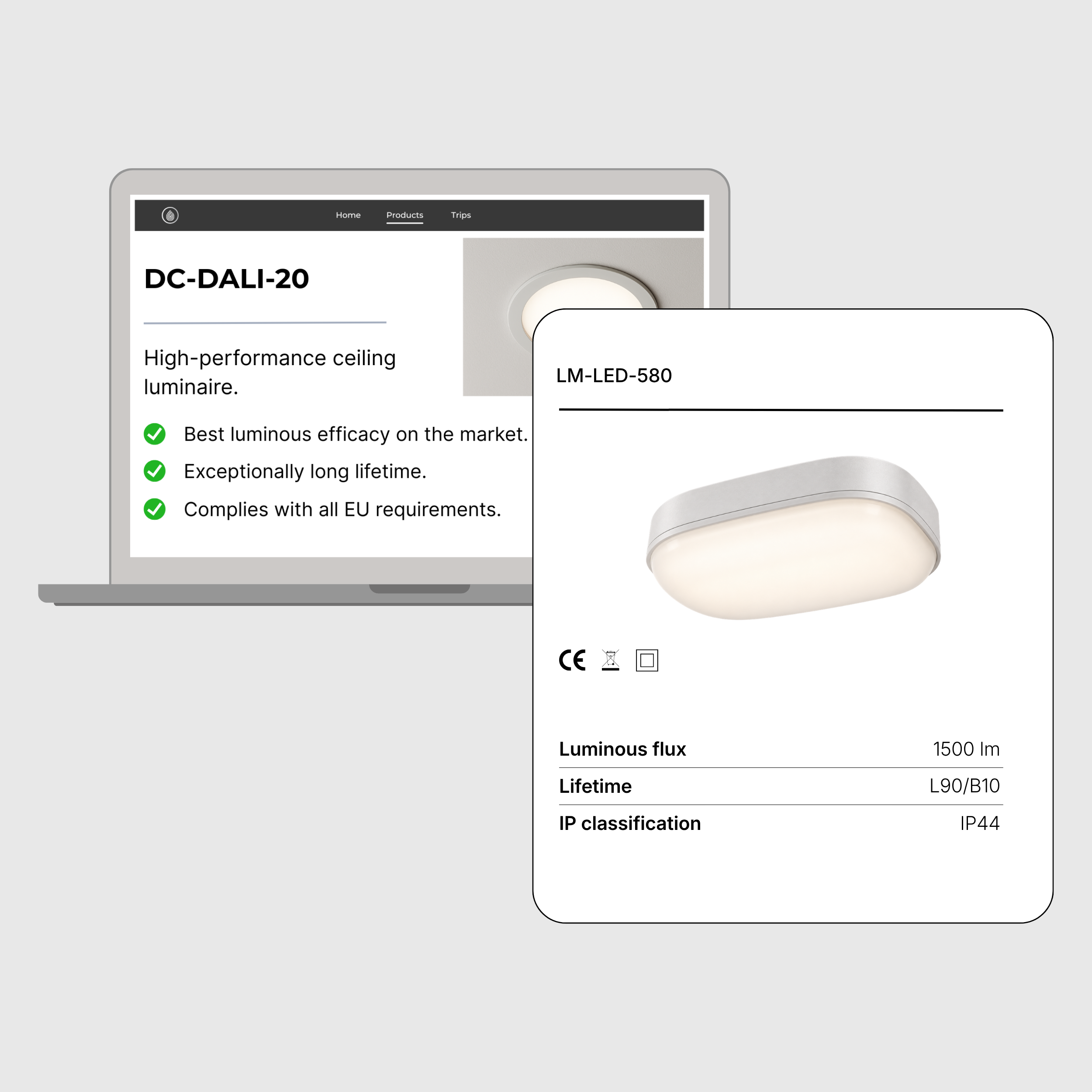 Part of a webpage displaying a ceiling luminaire model DC-DALI-20 and its specifications, with a section showing the back of an LED light with CE marking, and text indicating luminous flux of 1500 lumens and lifetime of 50,000 hours.