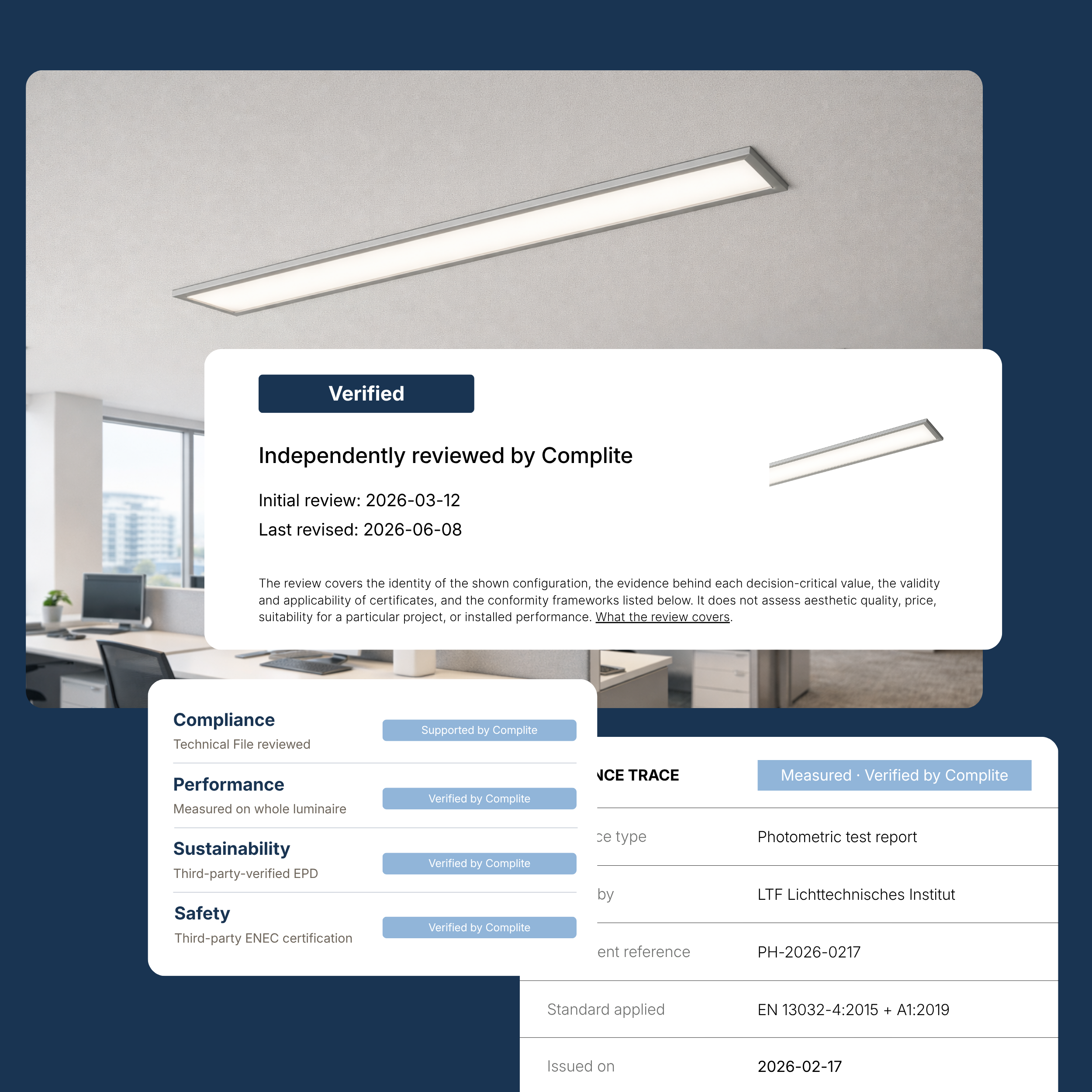 Close-up of a modern, rectangular ceiling light fixture emitting bright light, mounted on a textured white ceiling in an office environment. A digital document with a verified status and product information on foreground.
