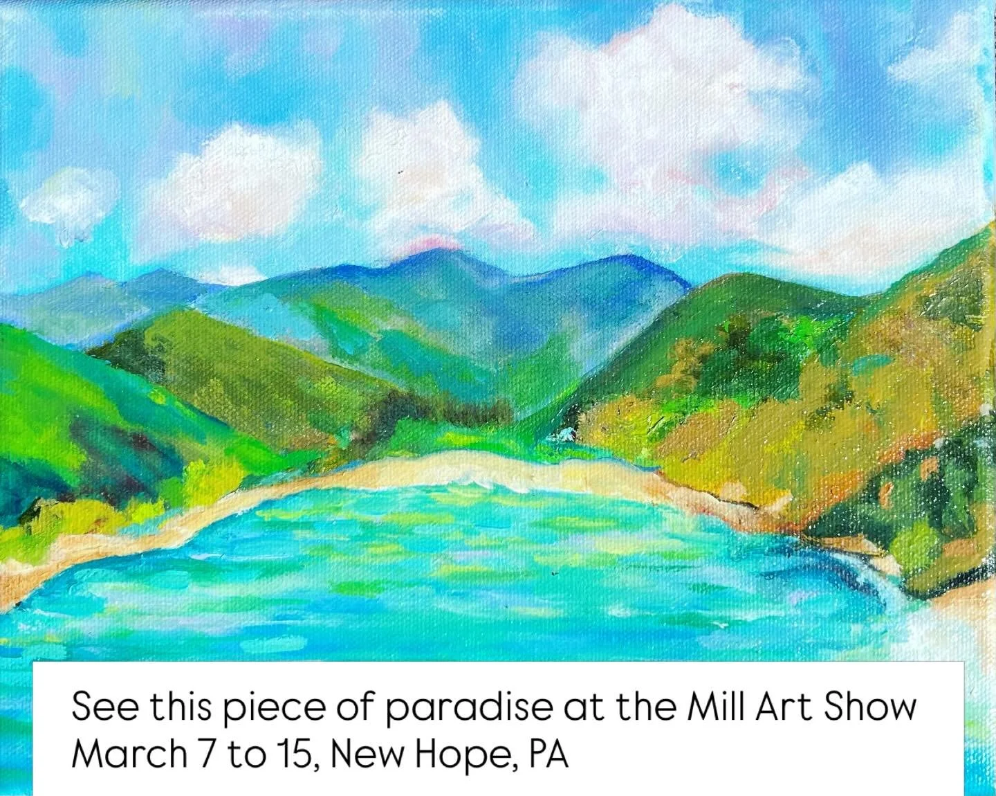 It&rsquo;s Saint John USVI!  This painting will cure the winter blues for sure.  And it&rsquo;s for sale at the Mill in New Hope starting March 7! #newhopepa🏳️&zwj;🌈 #artforsale #artspace #saintjohnusvi #oi̇loncanvas