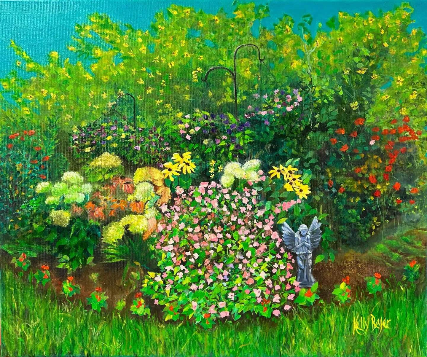 A Garden for Nicholas - In this garden, every bloom carries a memory. Pink petals whisper soft joys and pale hydrangeas hold moments too precious to fade. At the edge stands a quiet angel, reminding all who pass that love never disappears. Your spiri