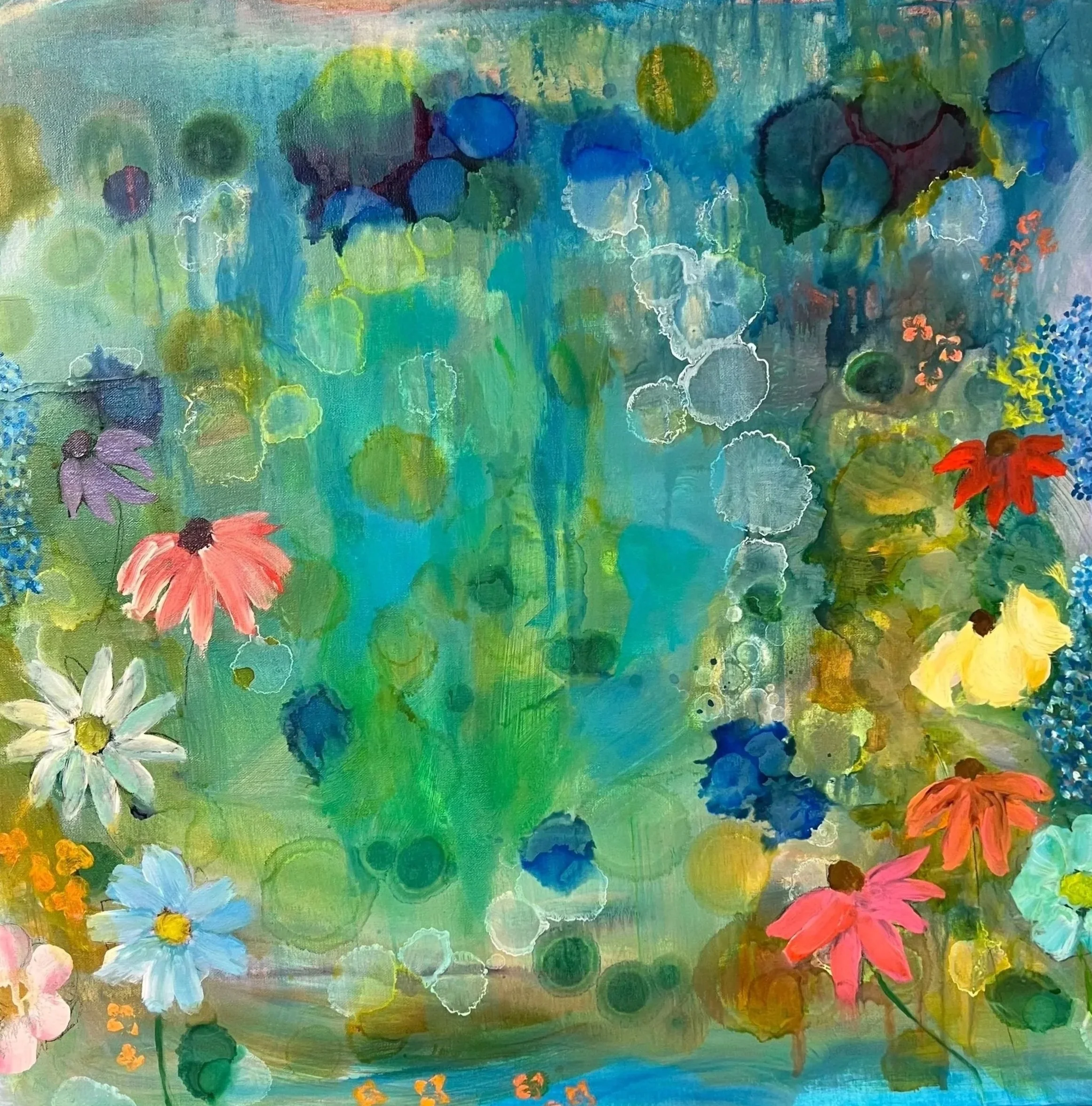 Colorful impressionist style painting of a garden scene with various flowers, including daisies, coneflowers, and other blossoms, on a vibrant green background.