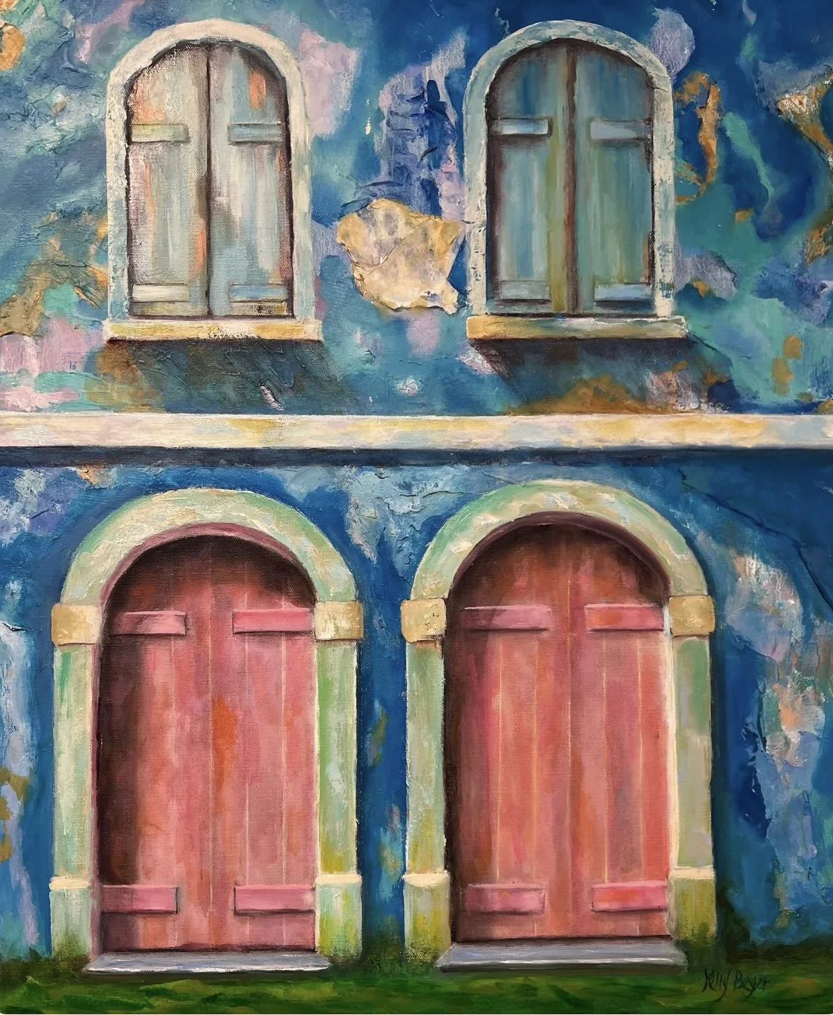 Painting of a colorful house that has weathered hurricanes in Saint Thomas. Instead of losing its appeal, this house grew stronger through the storms and became even more beautiful with its light pink doors and multicolored facade.