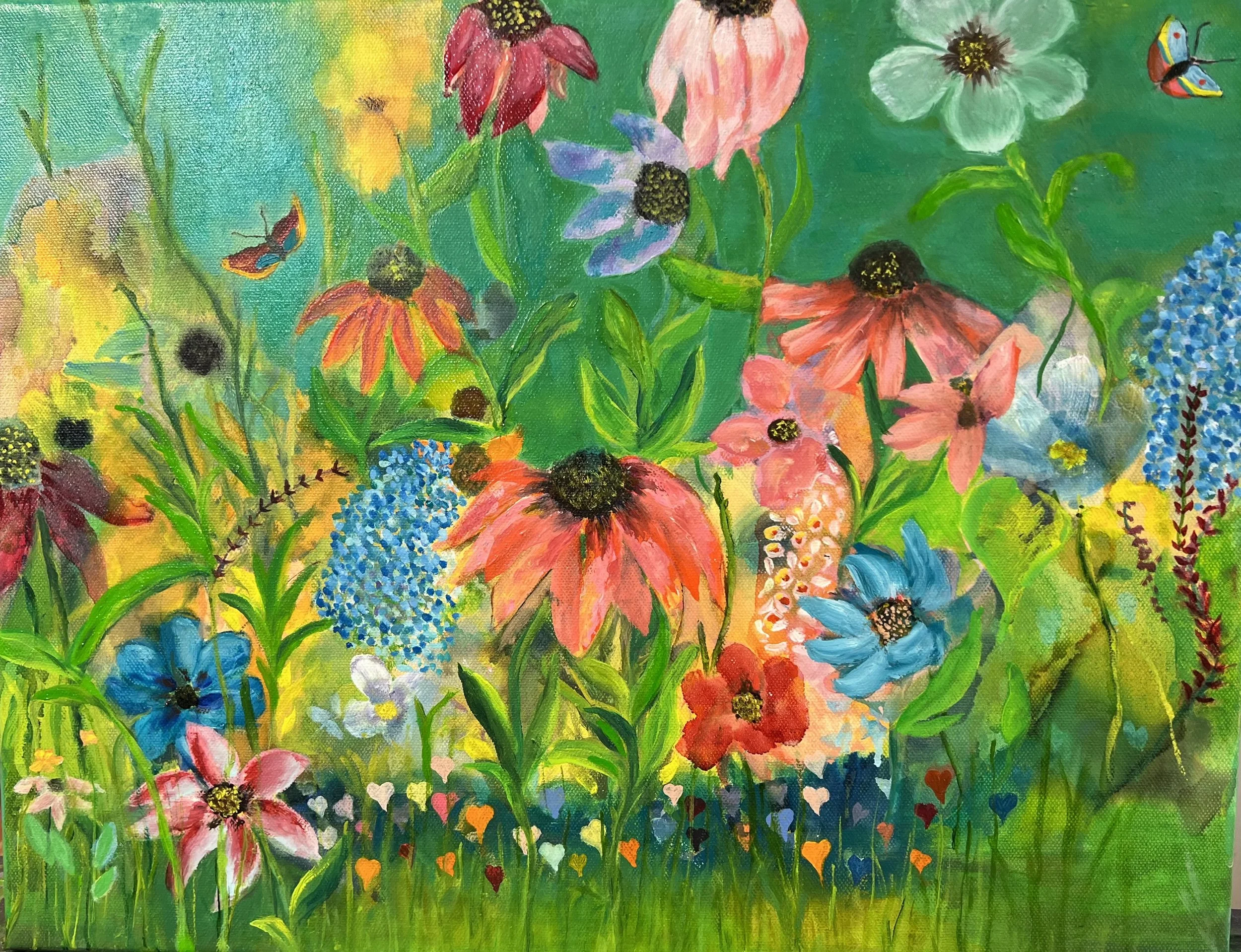 After the Rain • Oil on canvas • Flowers lean toward the light, butterflies drift through, and tiny heart-like blooms scatter like little love notes