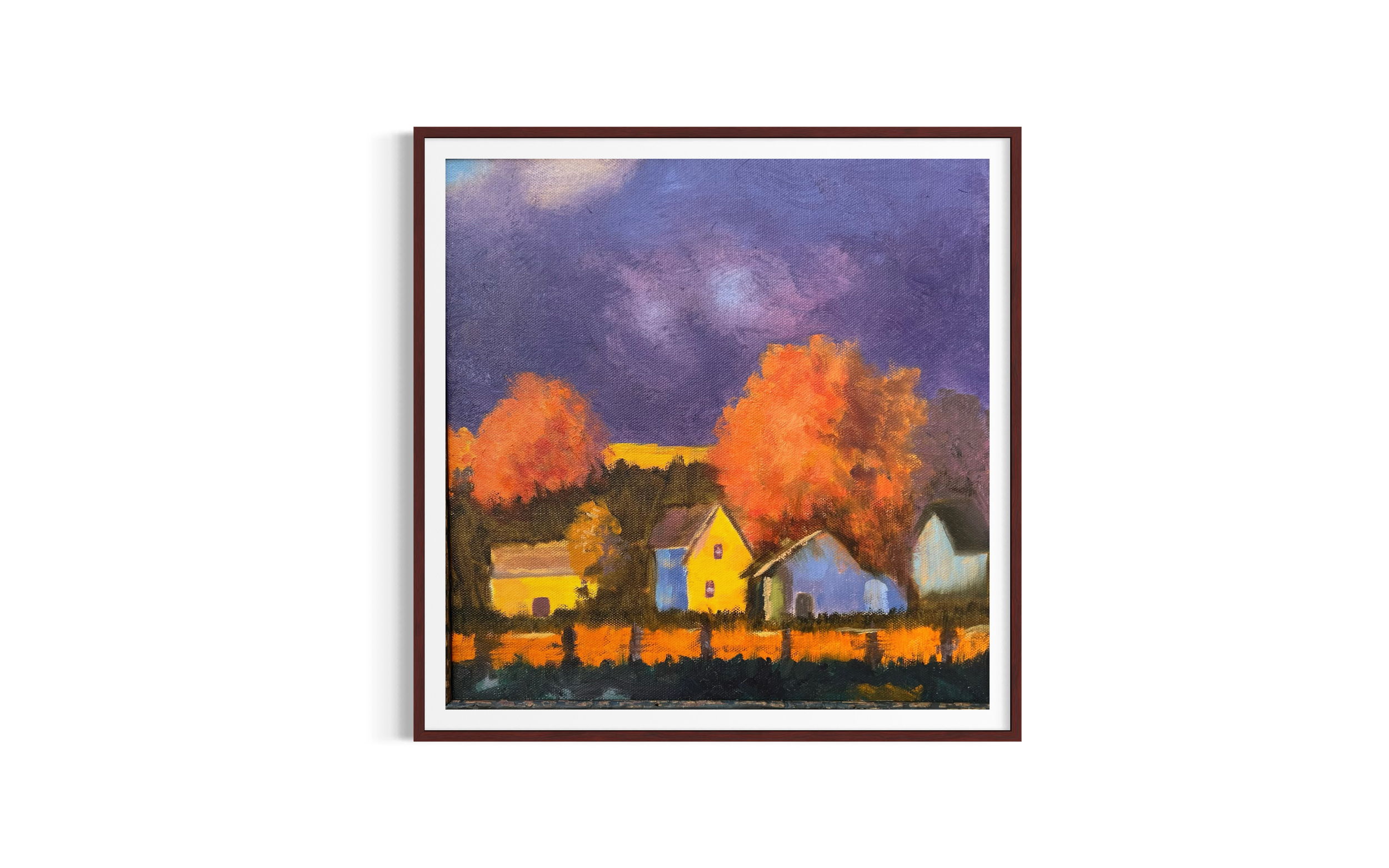 Purple Sky Landscape with Golden Trees – Oil Painting Print