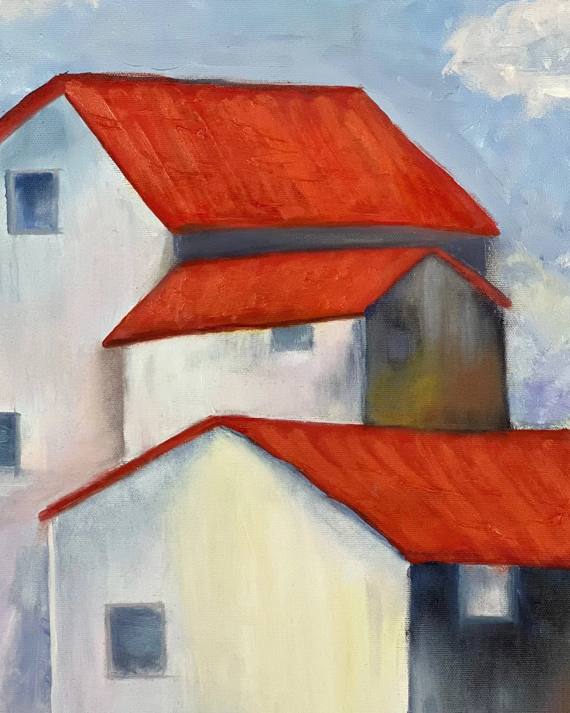 Painting of houses with red roofs and white walls under a cloudy sky.