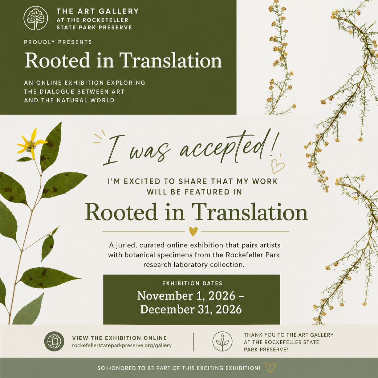 Exhibition announcement for 'Rooted in Translation' at the Rockefeller State Park Preserve Art Gallery, featuring botanical specimens from the Rockefeller Park research collection, running from November 1 to December 31, 2026.