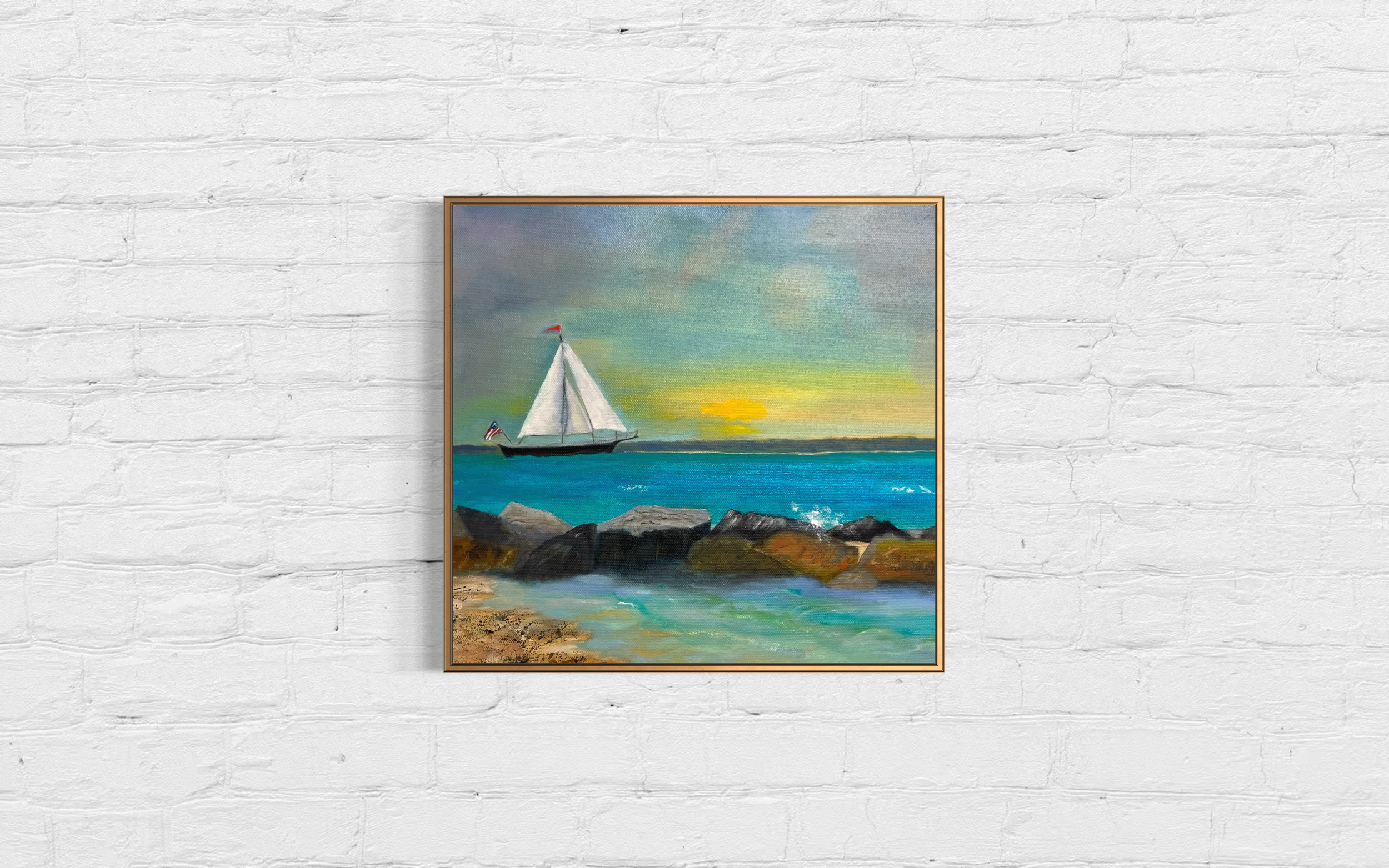 Excellent color resolution fine art print of a sailboat on the water during sunset, with rocky shoreline in the foreground and a colorful sky.