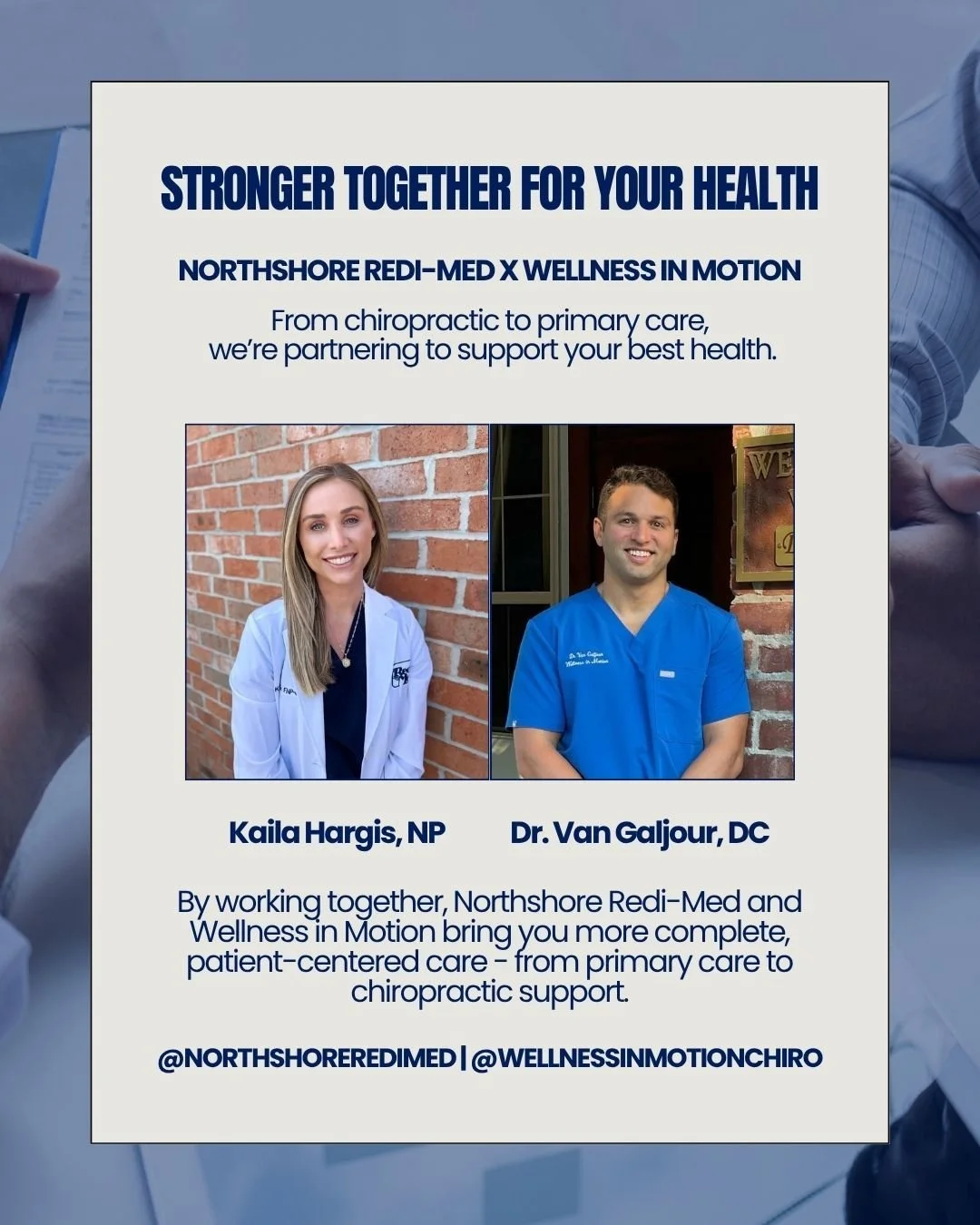 Exciting News!

We&rsquo;re partnering with Wellness in Motion Chiropractic to bring patients even more comprehensive care. From chiropractic to primary care - and everything in between - our teams are working together to keep our community healthy a