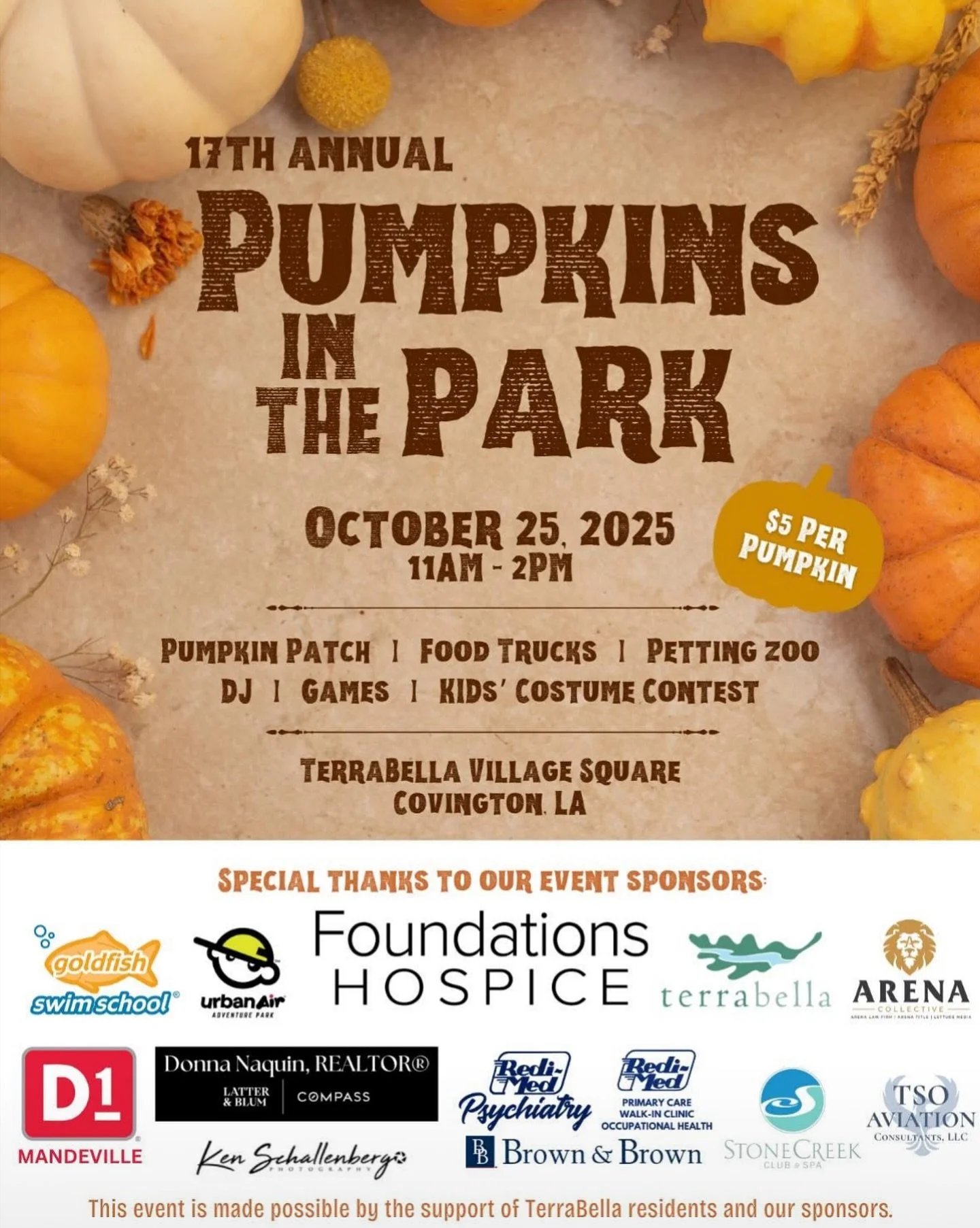 🎃 Pumpkins in the Park!
Join us today at TerraBella Village for a fun family event from 11 AM&ndash;2 PM!
We&rsquo;ll be set up with the Northshore Redi-Med team &mdash; stop by our table, say hello, and enjoy a day filled with pumpkins, games, food