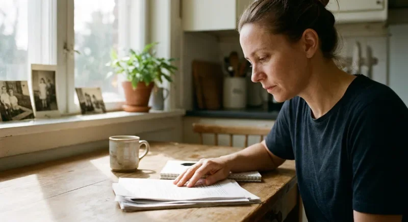 Woman at a kitchen table reading through a stack of papers, with old family photos on the windowsill