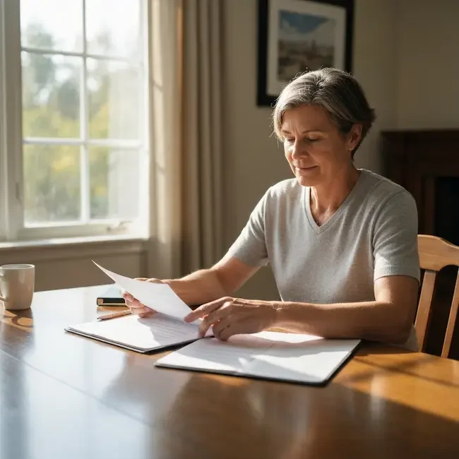 A mid age lady reading a legal document.webp