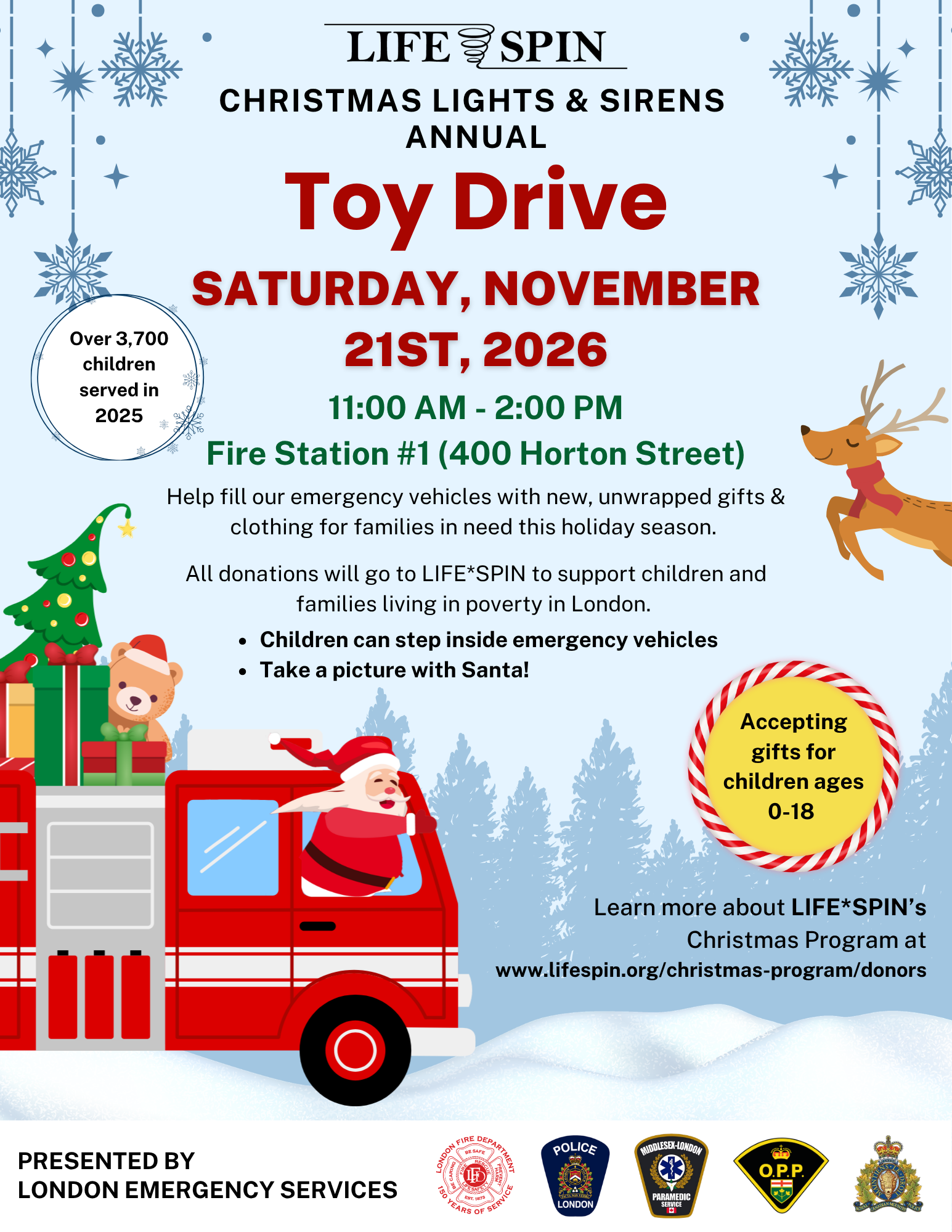 Poster for the Christmas Lights and Sirens Toy Drive. Accepting gifts for children ages 0 to 18. Saturday November 21, 2026 at Fire Station #1 (400 Horton Street) in London, ON. Presented by London Emergency Services.