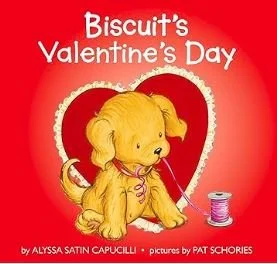 Cover of a children's book titled 'Biscuit's Valentine’s Day' featuring a cute puppy holding a heart-shaped valentine.