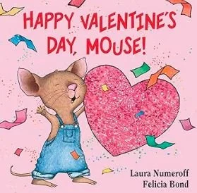 A cute cartoon mouse wearing overalls, standing beside a large pink glittery heart, with colorful confetti and a pink banner that says 'Happy Valentine's Day, Mouse!'