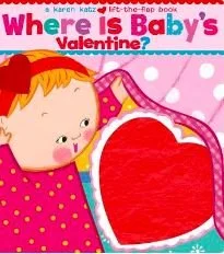Cover of a children's book titled 'Where is Baby's Valentine?' featuring a young girl with red hair and a pink dress, looking at a large red heart inside a pink and purple bag.