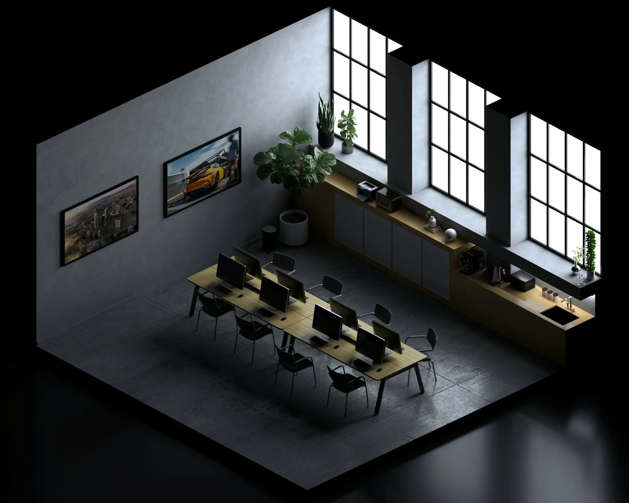 An office space with seven computer workstations arranged on a long table, large windows letting in natural light, and wall art featuring cars and cityscapes. Includes potted plants and storage cabinets along the wall.