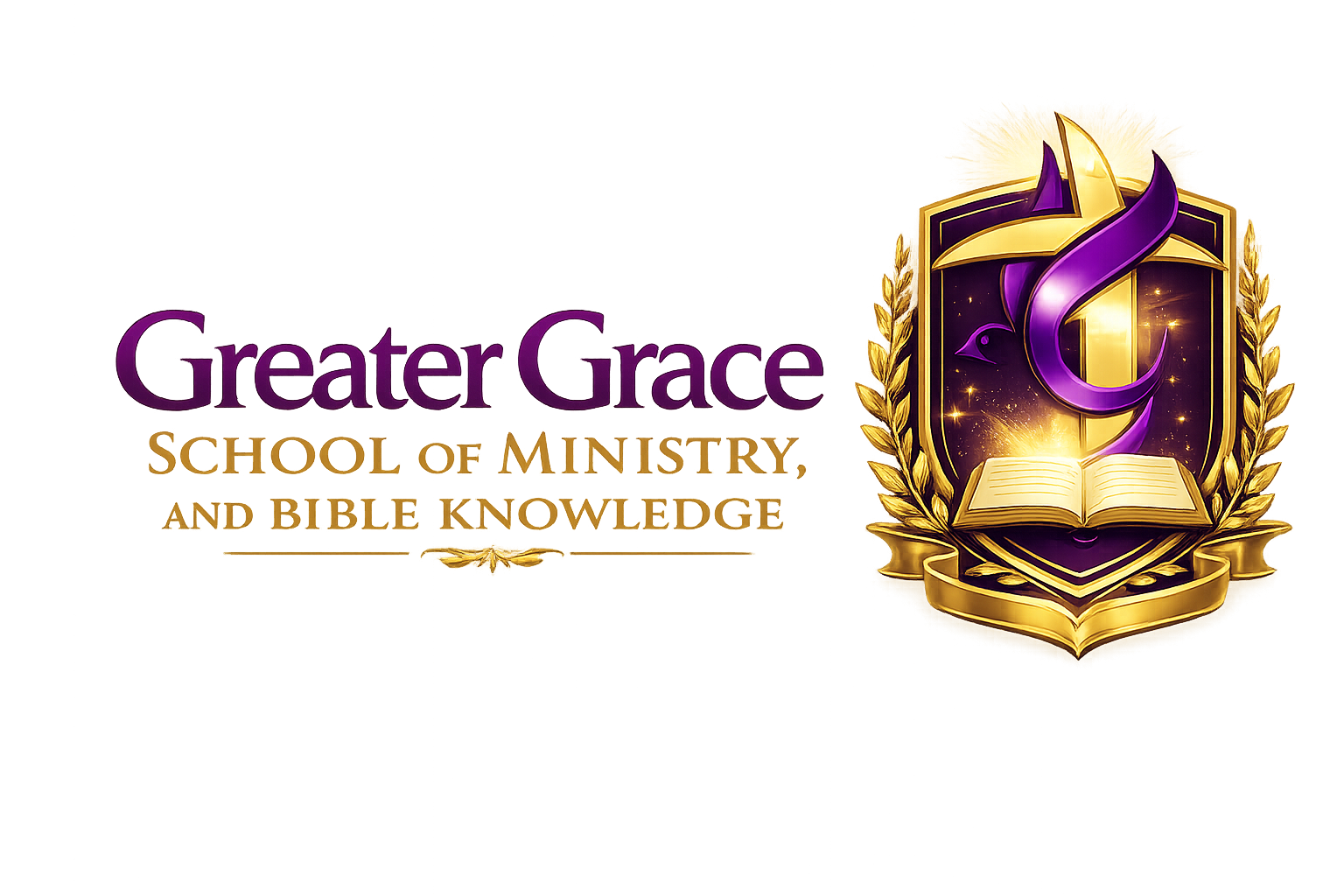 Logo for Greater Grace School of Ministry and Bible Knowledge featuring a purple dove, open book, gold laurel wreath, and shield