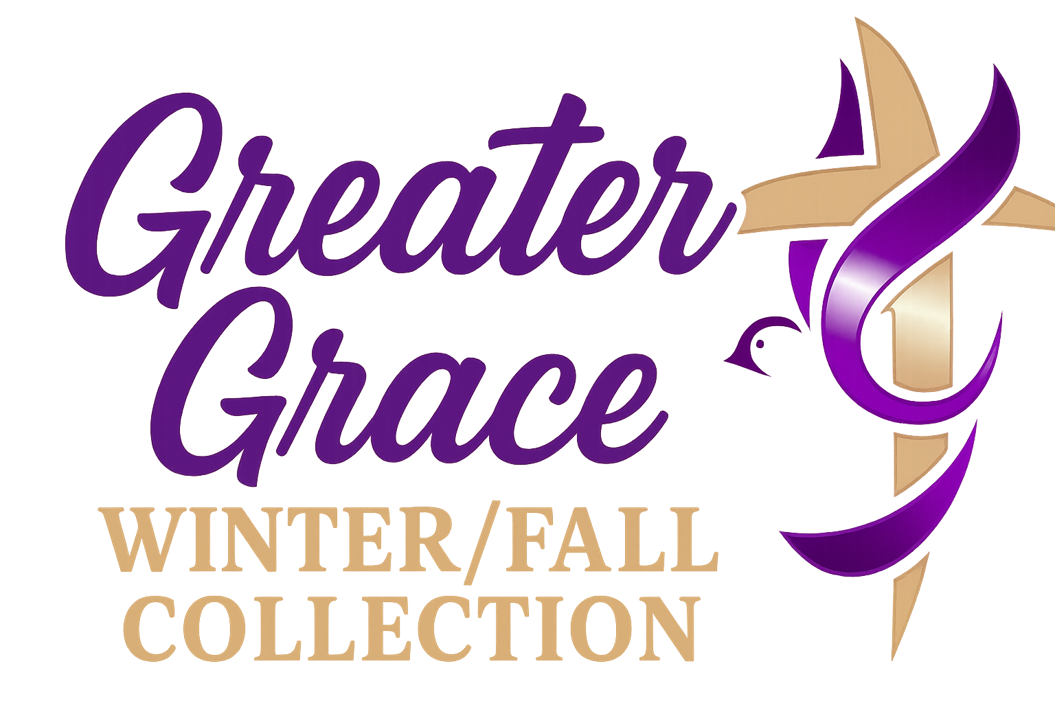 Neon sign with the words 'Greater Grace' in purple, along with a dove illustration, and 'Winter/Fall Collection' in a warm beige color.