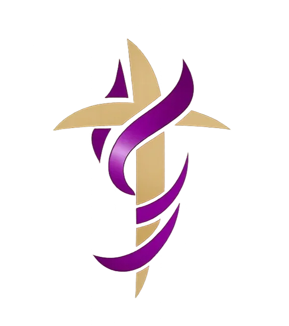 Stylized torch with purple flames and a beige handle.