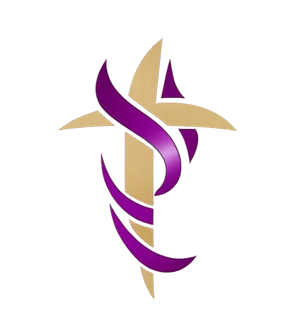 A stylized logo featuring a purple dove intertwined with a gold cross on a black background.