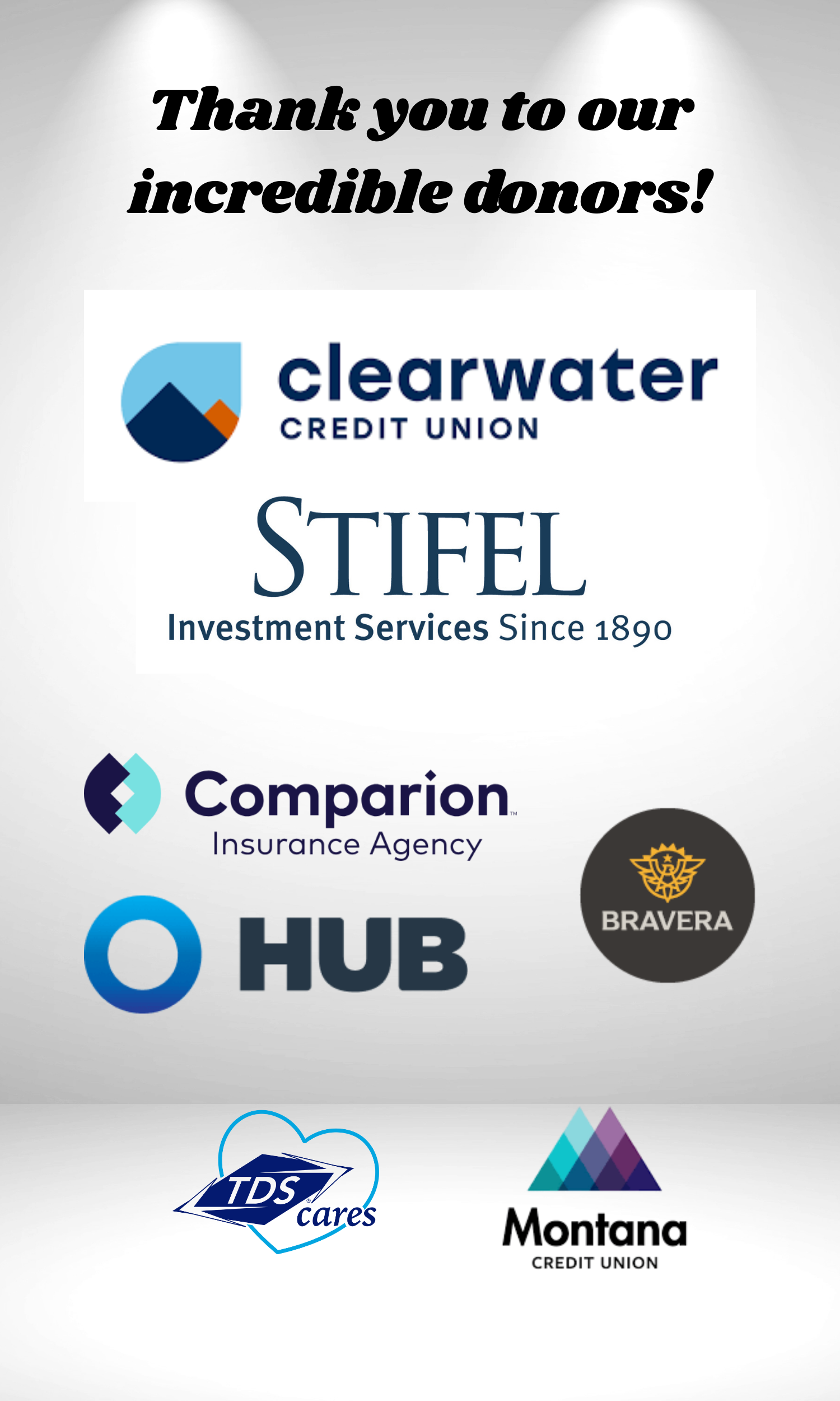 A thank you message to donors from various financial institutions, including Clearwater Credit Union, Stifel, Comparion Insurance Agency, HUB, Bravera, TDS Cares, and Montana Credit Union.