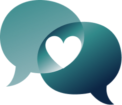 A stylized graphic of a white heart inside a speech bubble against a teal background.