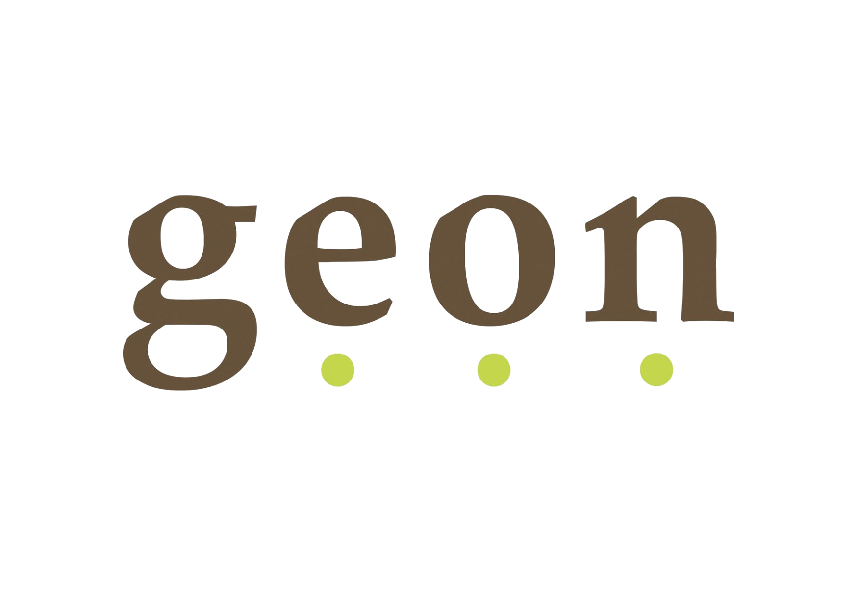 The word 'geon' written in lowercase letters with a brown font and three green dots underneath.
