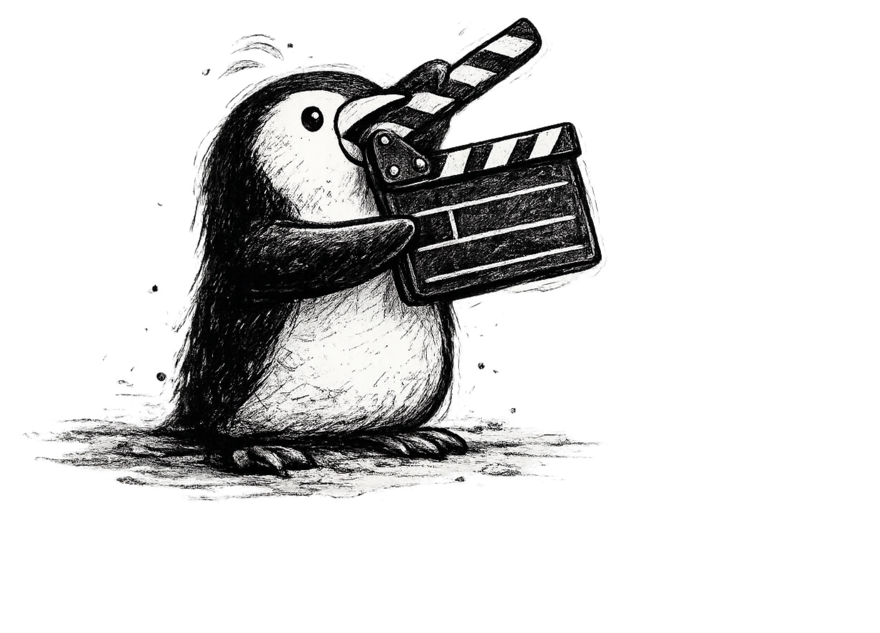 Black and white sketch of a penguin holding a clapperboard in its flippers, standing on a textured surface.