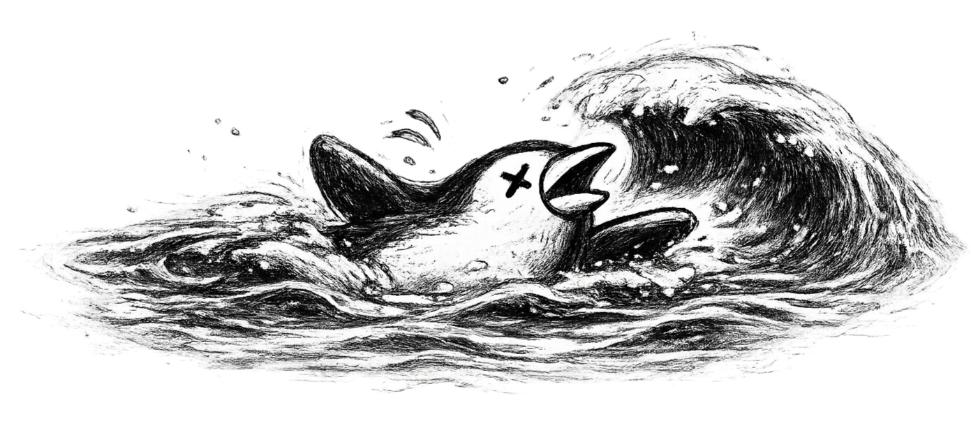 A black and white drawing of a bird, possibly a duck, struggling in rough water with a large wave crashing over it. The bird has a cartoonish appearance with an 'X' for an eye and its beak open.