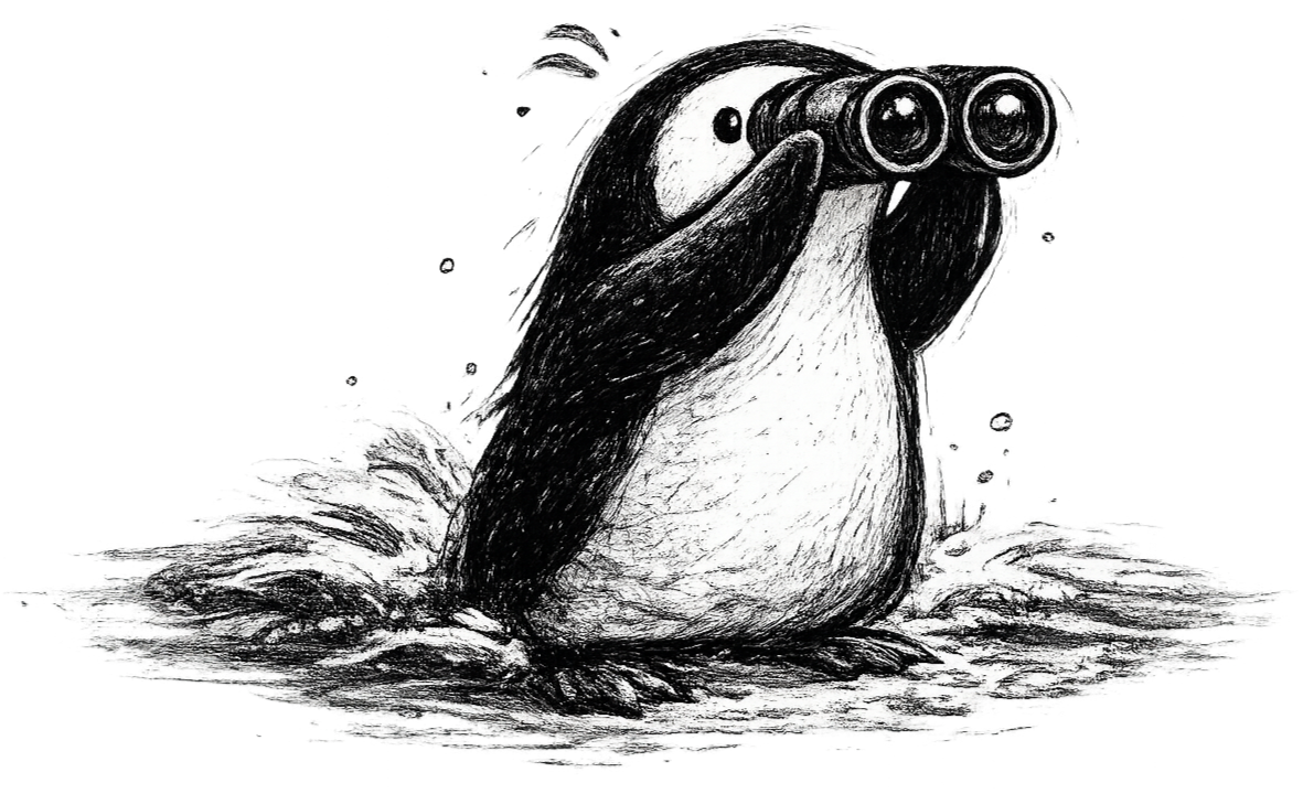 A black and white drawing of a penguin holding binoculars, standing on ice.